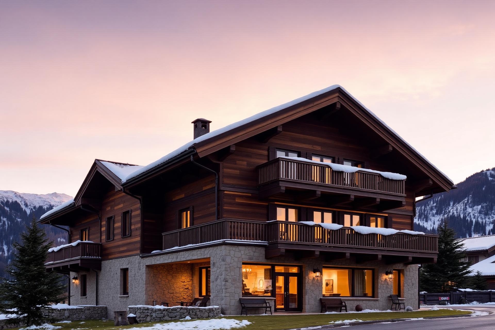 Chalet di montagna a Pila, Valle d'Aosta al tramonto